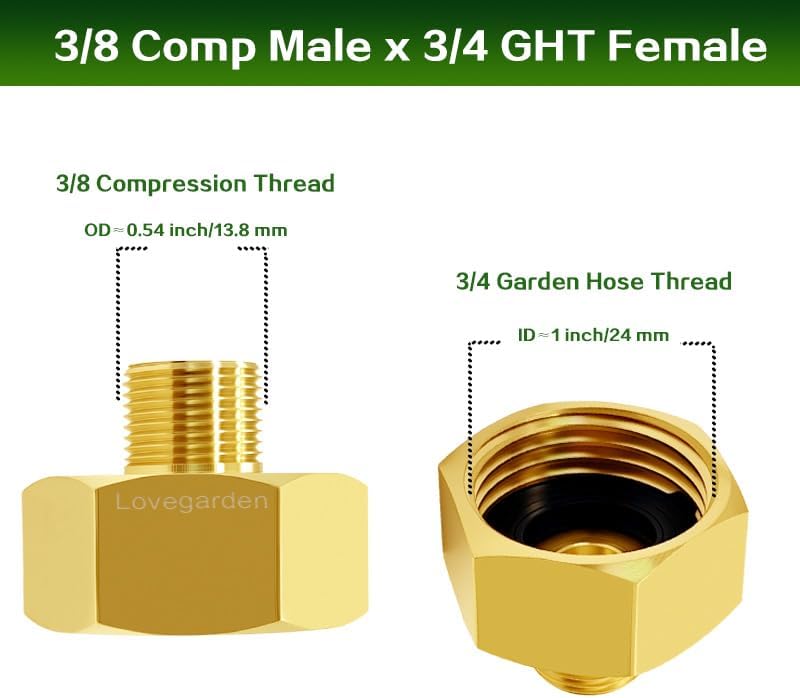 Lovegarden 2PCS 3/8 Compression Male to 3/4 GHT Female Faucet Adapters - Image 2