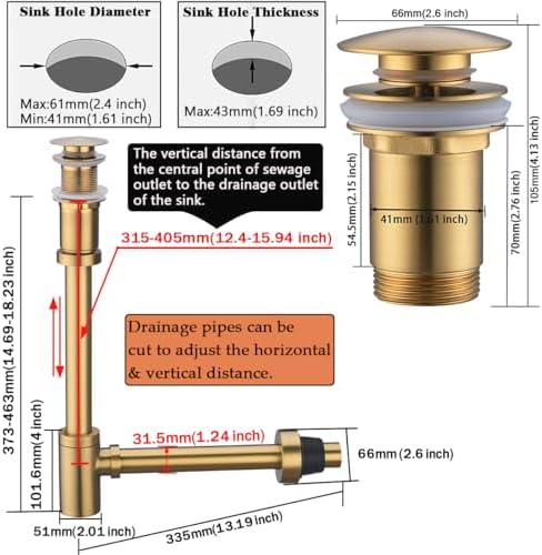 RANDOM Brass P Trap with Bathroom Sink Stopper Kit Without Overflow, Champagne - Image 2