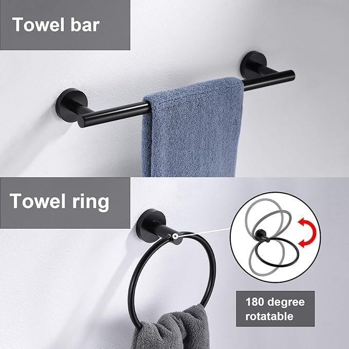 12 Pieces Matte Black Bathroom Hardware Accessories Set Hand Towel Ring 16&23.6 - Image 5