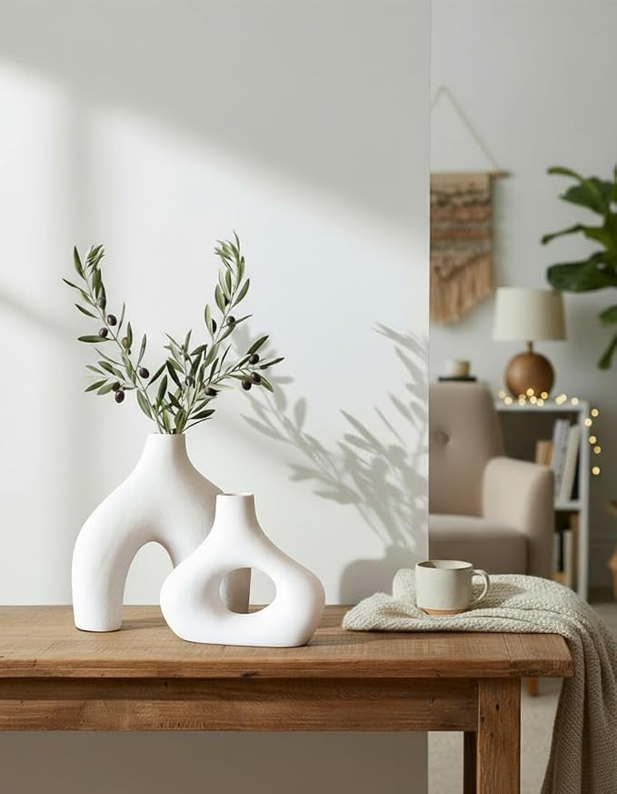 Carrot's Den Ceramic Modern Vase Set of 2, Donut Shelf Decor, Warm White | - Image 4