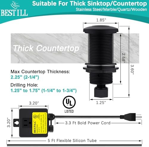 BESTILL Sink Top Garbage Disposal Air Switch Kit, Matte Black 3.6" Long Push - Image 6