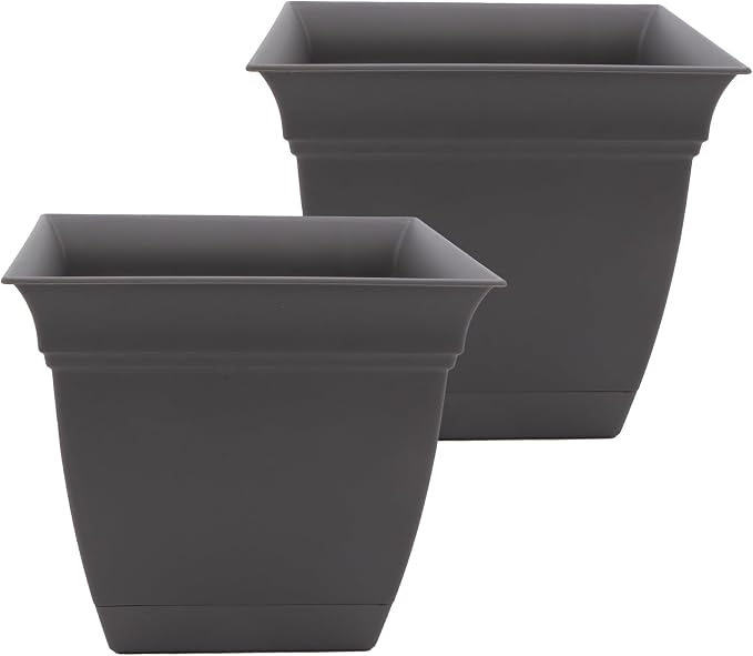 The HC Companies Eclipse Square Planter Pot, 10 Inch, Warm Gray, Attached Saucer by TheHCCompanies