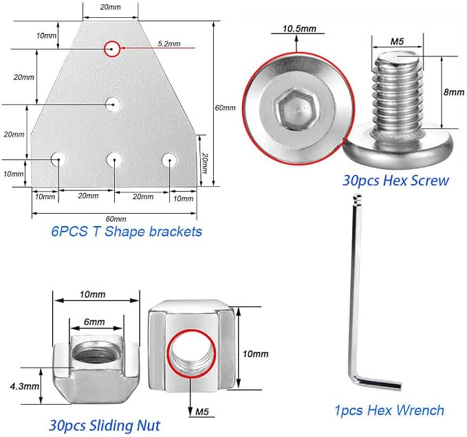 6Sets 2020 Corner Bracket Connectors 5 Hole T Shape Joint Plates - Image 2