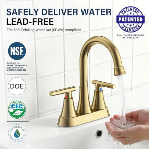 Brushed Gold Bathroom Faucet, Hurran 4 inch Centerset 2-Handle Lead-Free - Image 4