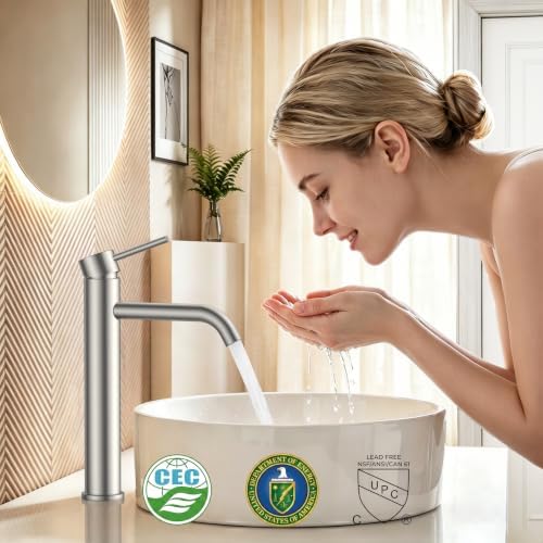 FORIOUS Vessel Tall Bathroom Faucet 1 Hole Brushed Nickel Single Handle - Image 2