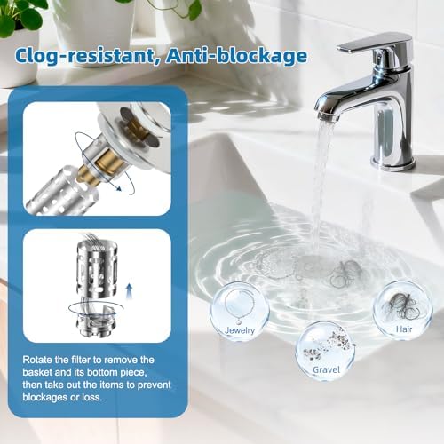 Hibbent Universal Bathroom Sink Drain Strainer, 3 in 1 Pop Up Stopper - Image 2