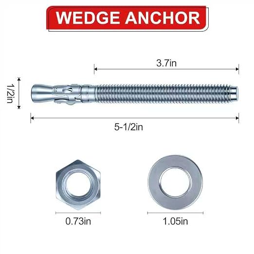 1/2 x 5-1/2 inch Wedge Anchors, Galvanized Concrete Anchors, Concrete Wall - Image 2
