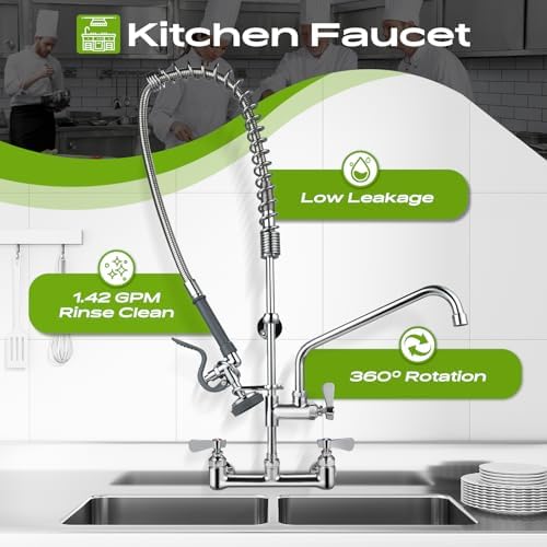 Commercial Sink Faucet with Sprayer 36" Height, 8 Inch Center Wall Mount - Image 2