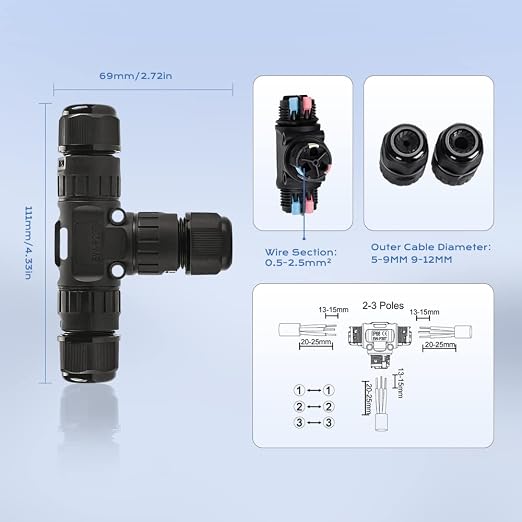 3-Way Waterproof Junction Box T-Connector Cable Range Ø0.17-0.39in UL Certified - Image 4