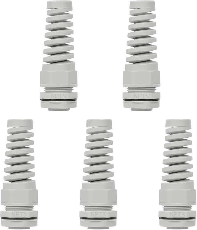 5Pcs NPT 3/4" IP68 Waterproof Cable Gland Flex Spiral Strain Relief Grey Nylon by LeMotech