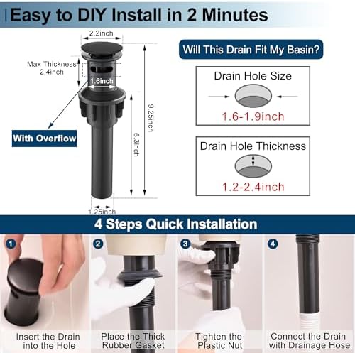 Black Pop Up Drain with Overflow, Double-Sealed Bathroom Sink Drains, No Rust - Image 6