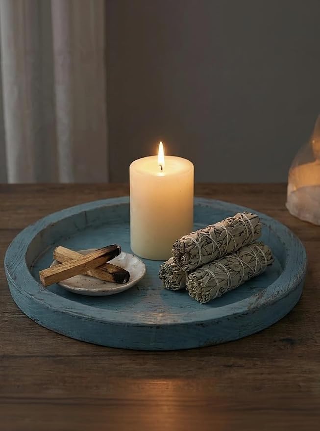 Hanobe Round Wood Candle Holder Tray, Ocean Blue Coastal Coffee Table Decor | - Image 8
