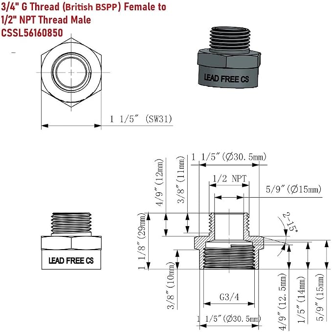 Cascada 3/4" G Thread Female to 1/2" NPT Thread Male Pipe Fitting Adapter - Image 2