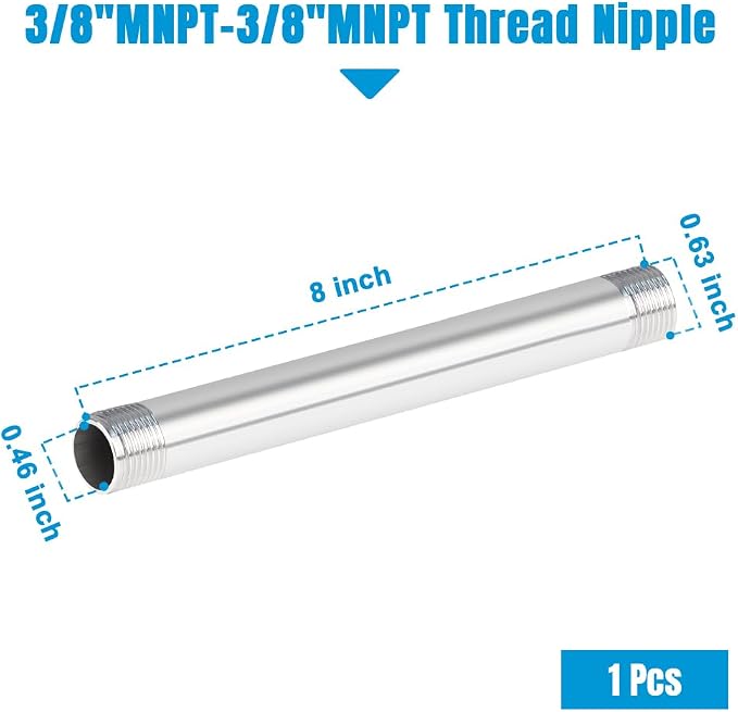 Quickun 304 Stainless Steel Nipple Pipe Fitting, 3/8" NPT x 3/8" NPT Male - Image 2