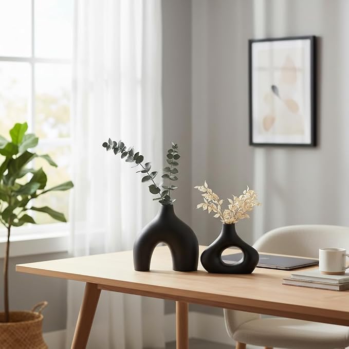 Carrot's Den Black Ceramic Modern Vase Set of 2, Donut Shelf Decor, mantel - Image 4
