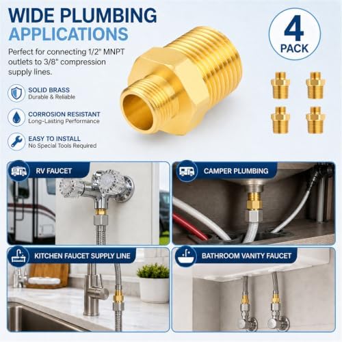 4 Pack 1/2" MNPT to 3/8" Compression Brass Faucet Adapter - Image 3