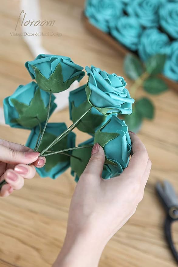 Artificial Flowers 25pcs Real Looking Teal Green Foam Fake Roses - Image 4