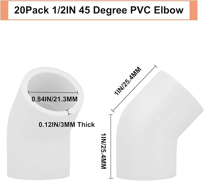 20Pack 1/2" 45 Degree PVC Elbow Pipe Fitting Connector Furniture Build Grade - Image 2