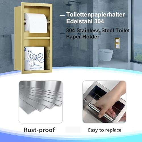 Neodrain Gold Recessed Toilet Paper Holder, Dual Rolls - Image 3
