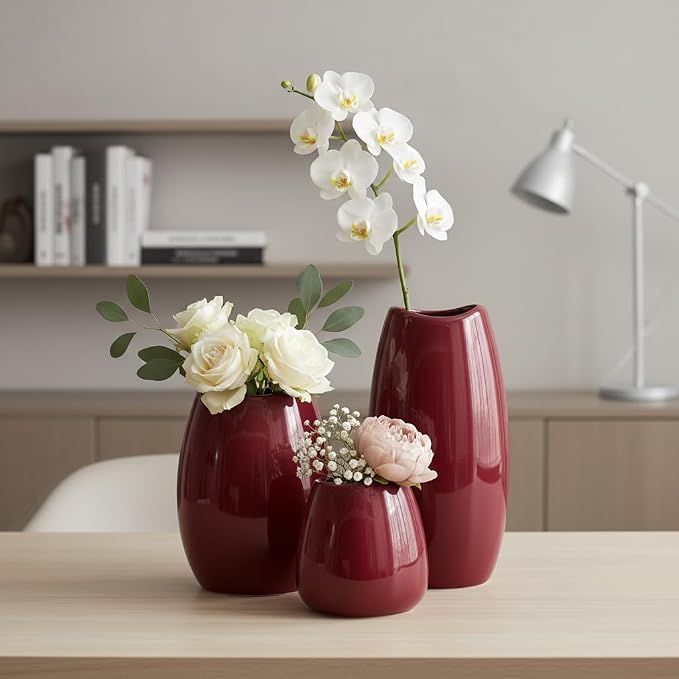 hjn Ceramic Vase Set of 3 Red Flower Vase - Image 2