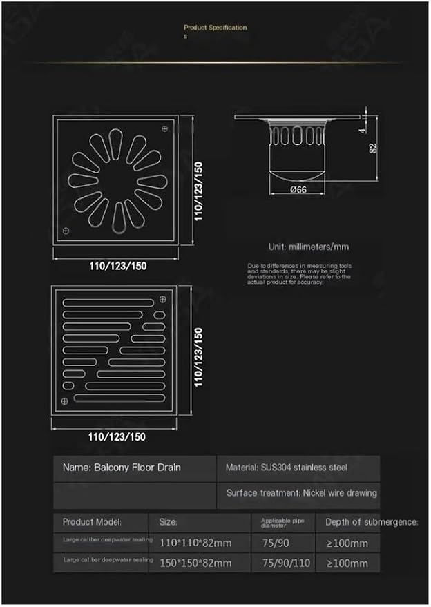 Shower Floor Drain, Shower Floor Drain Stainless Steel Square Grate Multiple - Image 2