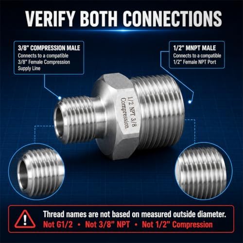 2 Pack 1/2" MNPT to 3/8" Compression Adapter, Lead-Free 304 Stainless Steel - Image 2