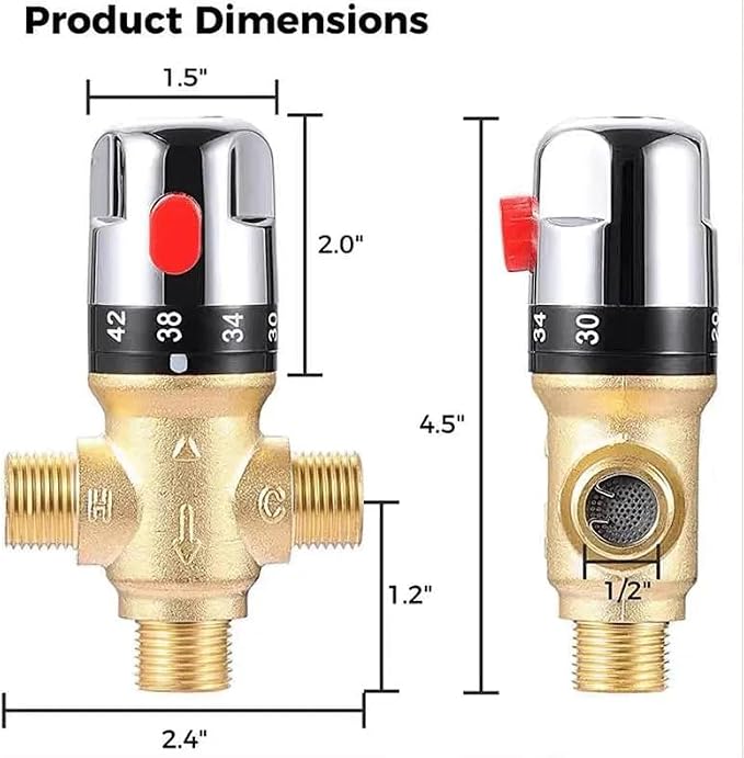 Thermostatic Mixing Valve Shower Mixing Valve 1/2" NPT Solid Brass Hot and Cold - Image 5
