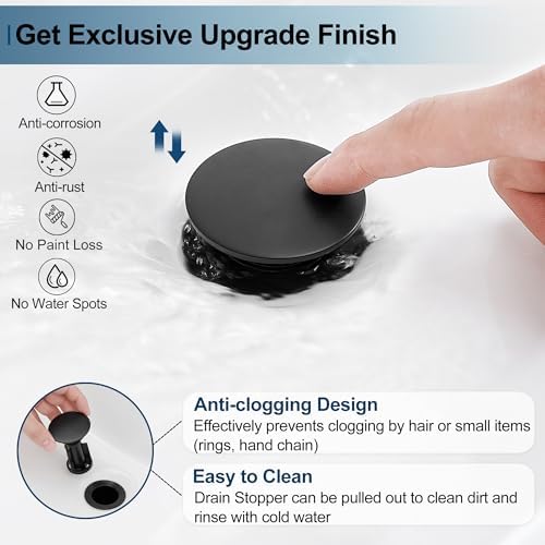 Black Pop Up Drain with Overflow, Double-Sealed Bathroom Sink Drains, No Rust - Image 5