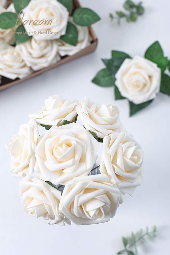 Artificial Flowers 25pcs Real Looking Cream Foam Fake Roses - Image 2