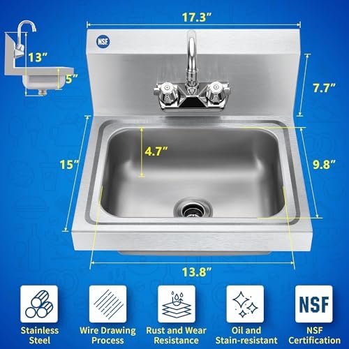 BIEAMA NSF 17" x 15" Commercial Hand Sink, 304 Stainless Steel Wall Mount - Image 2