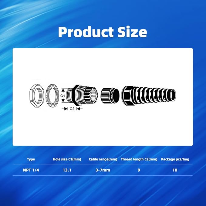 Strain Relief Cord Connector, CGELE 10 Pack NPT 1/4" Waterproof Cable Gland - Image 2