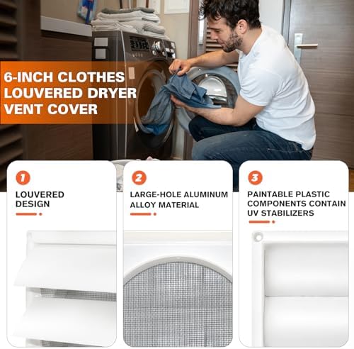Beaquicy 6'' Louvered Dryer Vent Cover 8" x 8" Outside Dimensions - Image 2