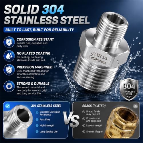 2 Pack 1/2" MNPT to 3/8" Compression Adapter, Lead-Free 304 Stainless Steel - Image 3