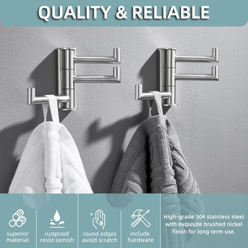 Angle Simple Brushed Nickel Towel Hooks, Swivel Coat Wall Hook, 2 Pack - Image 4