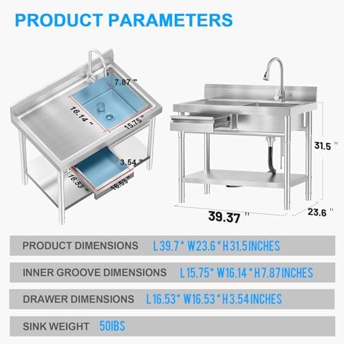 Stainless Steel Utility Sink Freestanding Single Bowl Laundry Sink - Image 3