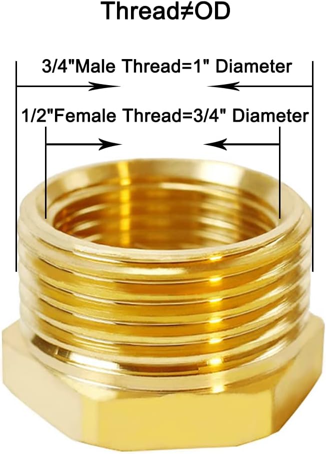 Joywayus Brass Reducing Hex Bushing 1/2" NPT Female x 3/4" G Male | Cast Pipe - Image 2