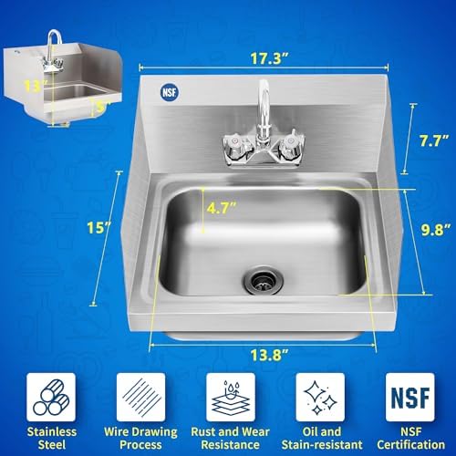 BIEAMA NSF 17" x 15" Hand Sink, Stainless Steel Wall Mount, Side Splashes - Image 2