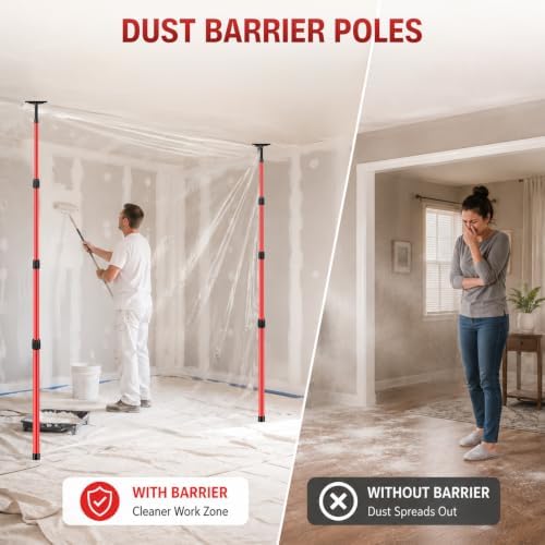 12FT Dust Barrier Poles, 4 Pack Spring Retractable Zipper Wall Poles - Image 7