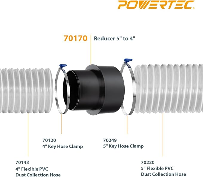 POWERTEC 70170 5” to 4” Reducer Dust Collection Fitting, ABS Plastic - Image 4