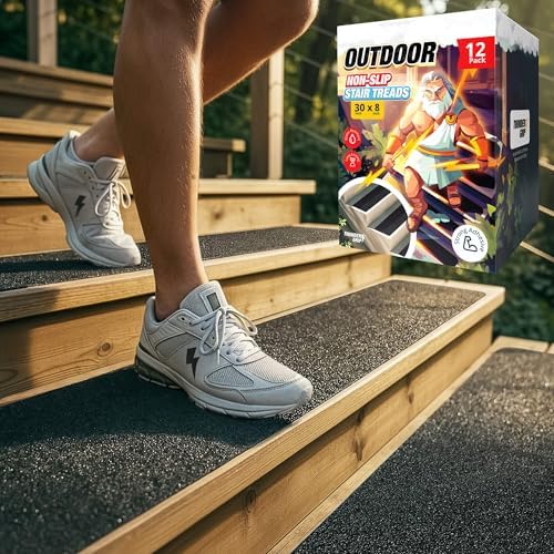 Outdoor Stair Treads Non-Slip 30" x 8" 12-Pack Waterproof 80-Grit Grip Tape by ThunderGrip