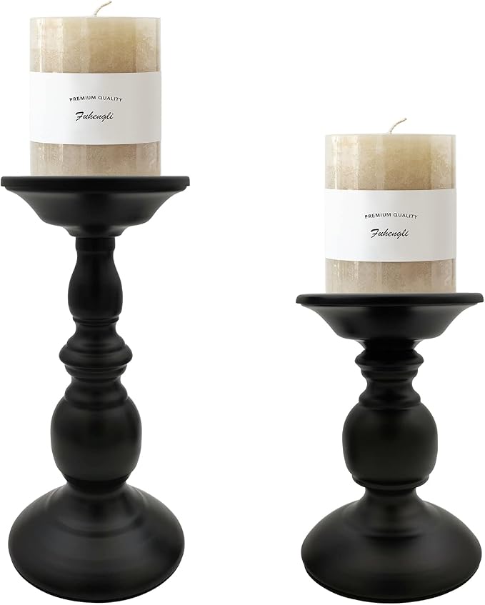 Pillar Candle Holders Stands Set of 2, Matte Black, 6.2" & 8.7" | Candle Holders - Image 2