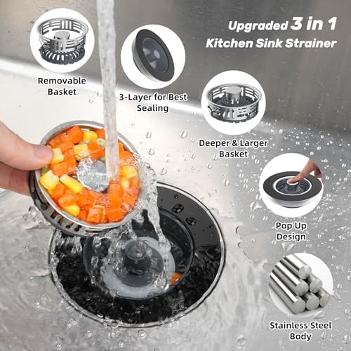 Hibbent 3 in 1 Kitchen Sink Drain Strainer, Stainless Steel Pop Up Stopper - Image 2