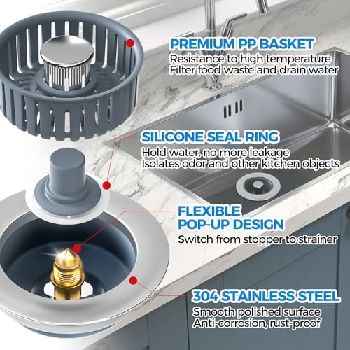 zaa 3 in 1 Kitchen Sink Drain Strainer Stopper Removable Basket Pop-Up - Image 5