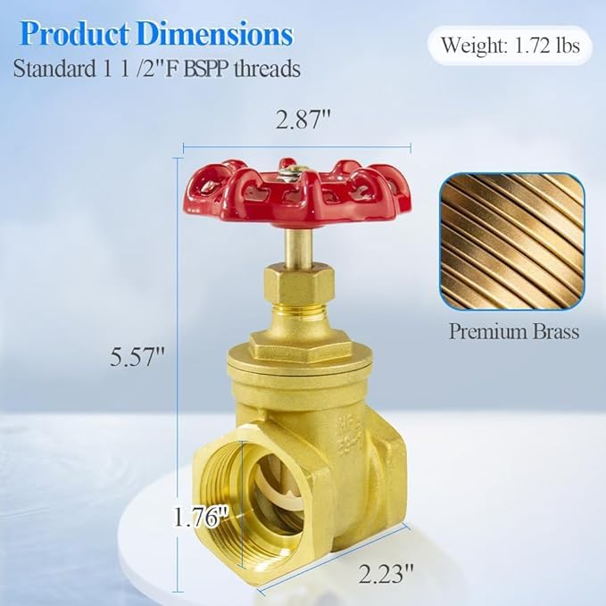 WiseWater 1 1/2" BSPP Brass Gate Valve, Rotating Sluice Valve Two-way Flow - Image 2