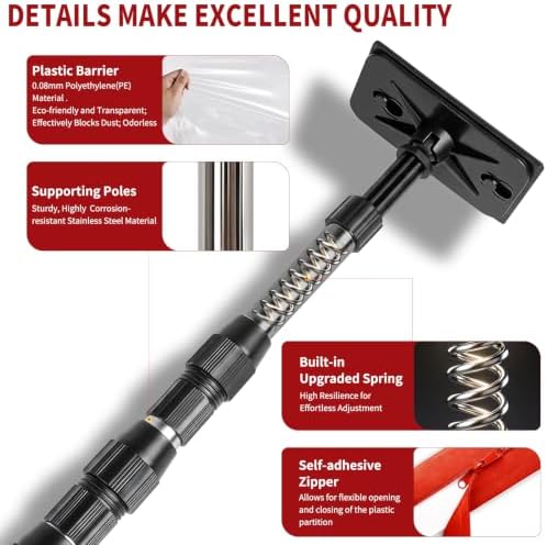 12FT Dust Barrier Poles, 4 Pack Spring Retractable Zipper Wall Pole Kit - Image 4