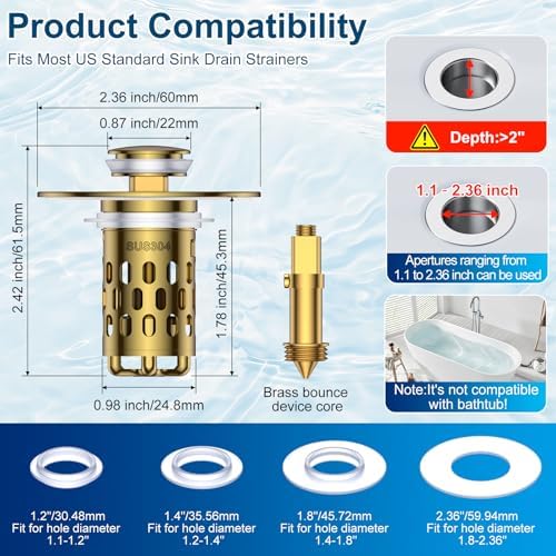 Bathroom Sink Drain Strainer, All Metal Pop-Up Sink Stopper - Image 2