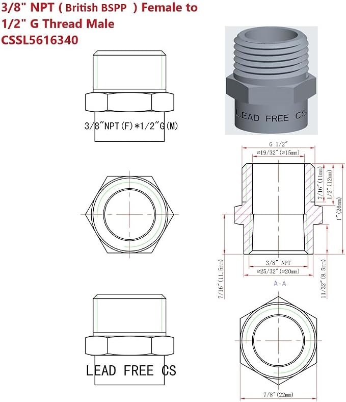 Cascada Lead-Free Brass Adapter, G Thread British BSPP Male to NPT Female |) - Image 3