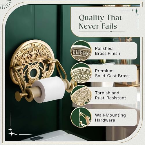 Bright Brass Wall Mount Toilet Paper Holder 7.25" Wide Vintage Crown Style - Image 2