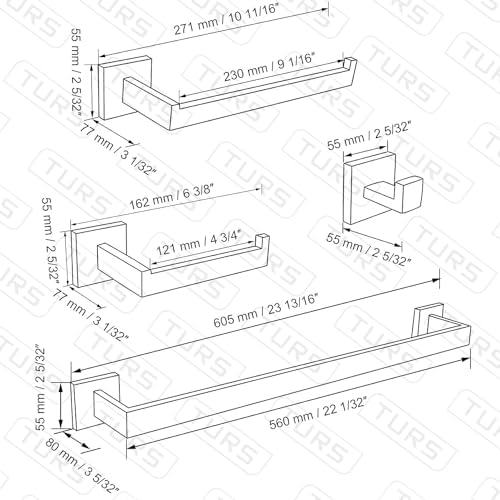 TURS Brushed Gold Bathroom Accessory Set 4-Pieces Bathroom Hardware Set Square - Image 6