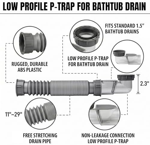Low Profile 1-1/2 Inch Bathtub Shower Drain Pipe - Image 6